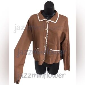 Brown and white scallop hem pearl button long sleeve cardigan sweater size large
